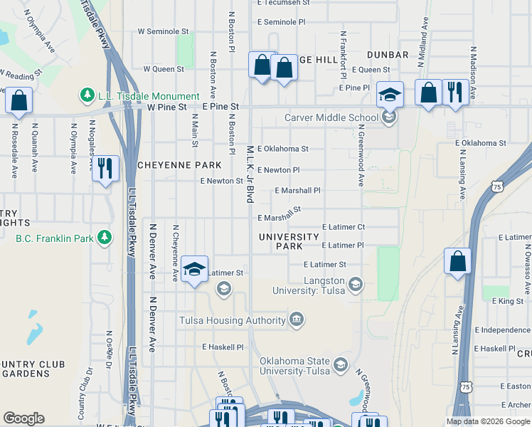map of restaurants, bars, coffee shops, grocery stores, and more near 1152 North Detroit Avenue in Tulsa