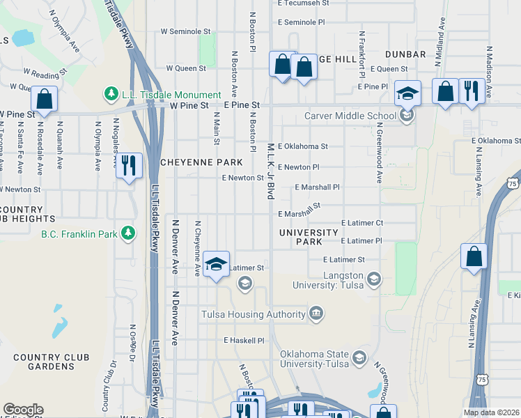 map of restaurants, bars, coffee shops, grocery stores, and more near 1227 North Boston Place in Tulsa