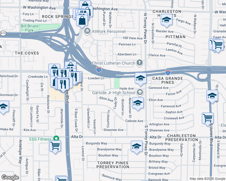map of restaurants, bars, coffee shops, grocery stores, and more near 6513 Hyde Avenue in Las Vegas
