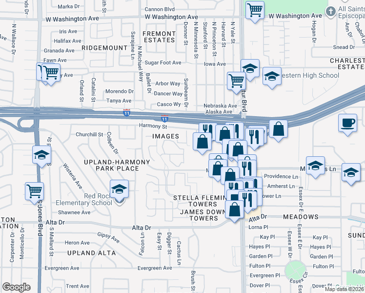 map of restaurants, bars, coffee shops, grocery stores, and more near 129 Countrywood in Las Vegas
