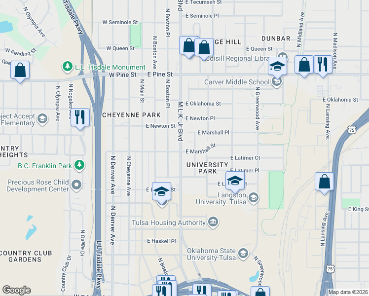 map of restaurants, bars, coffee shops, grocery stores, and more near 1224 North Detroit Avenue in Tulsa