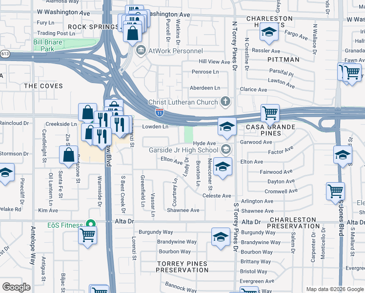 map of restaurants, bars, coffee shops, grocery stores, and more near 6513 Hyde Avenue in Las Vegas