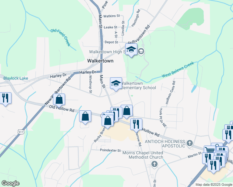 map of restaurants, bars, coffee shops, grocery stores, and more near 2971 Main Street in Walkertown