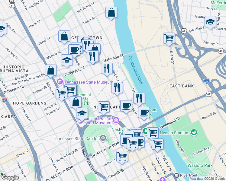 map of restaurants, bars, coffee shops, grocery stores, and more near 210 Stockyard Street in Nashville