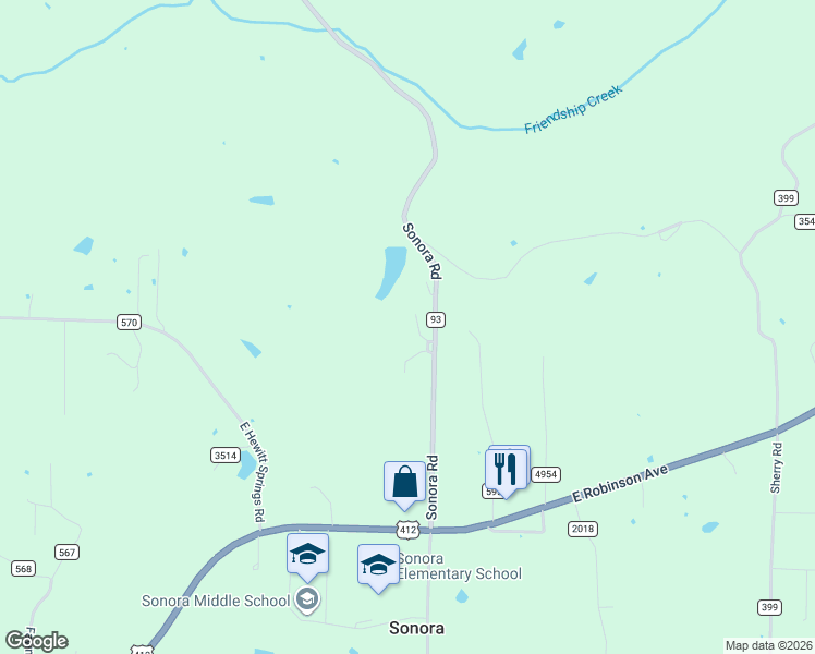 map of restaurants, bars, coffee shops, grocery stores, and more near 20561 Sonora Road in Springdale
