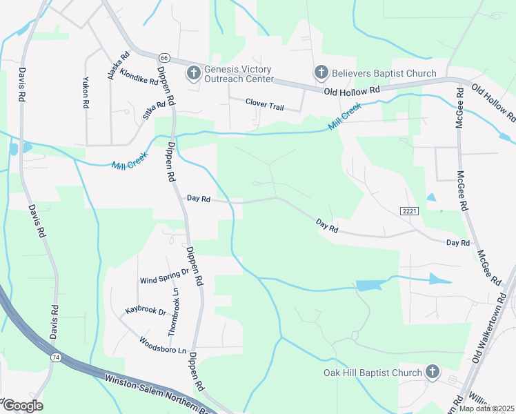 map of restaurants, bars, coffee shops, grocery stores, and more near 3434 Day Road in Walkertown
