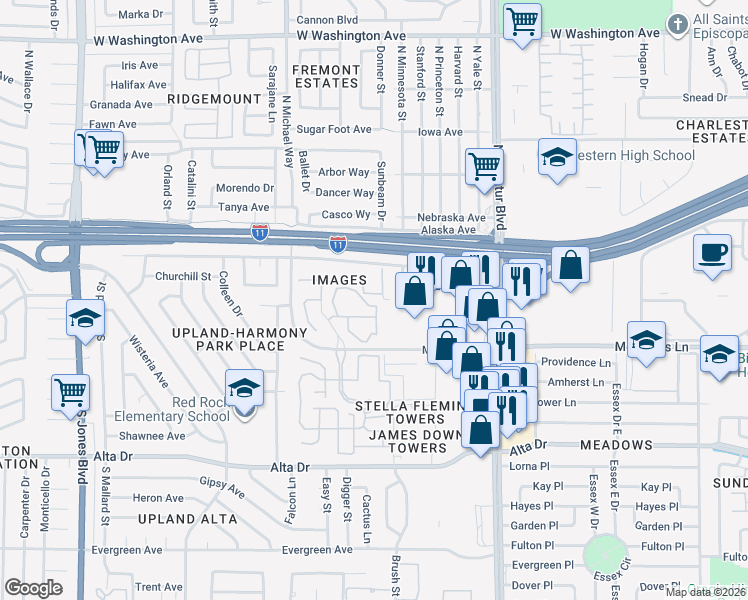 map of restaurants, bars, coffee shops, grocery stores, and more near 5250 Mission Carmel Lane in Las Vegas
