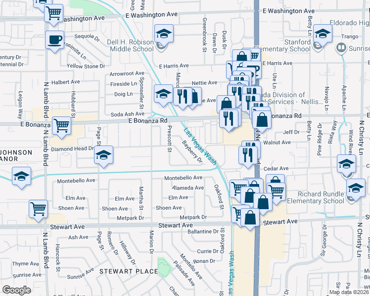map of restaurants, bars, coffee shops, grocery stores, and more near 541 Bayberry Drive in Las Vegas