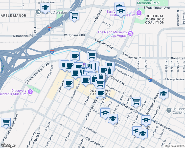 map of restaurants, bars, coffee shops, grocery stores, and more near 206 North 3rd Street in Las Vegas