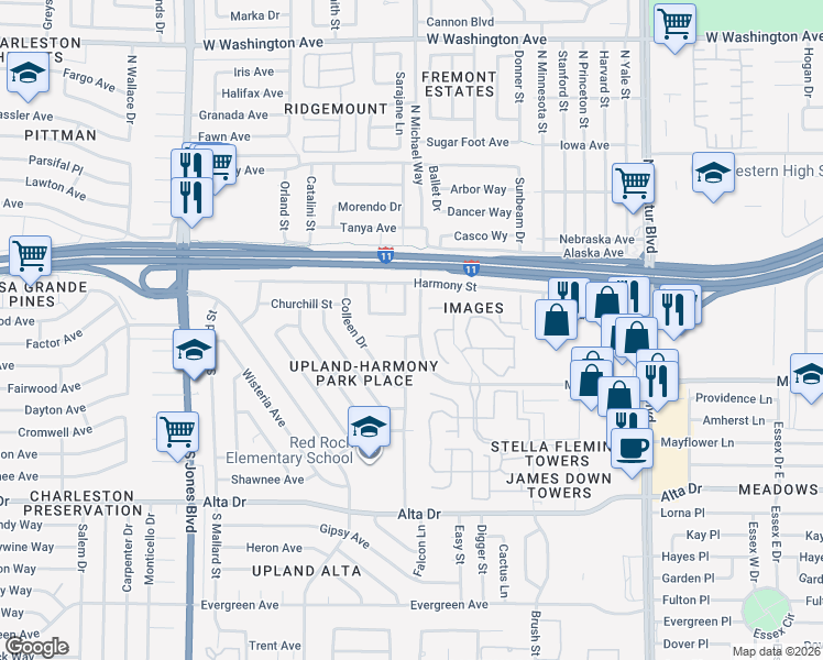 map of restaurants, bars, coffee shops, grocery stores, and more near 200 Lucy Thompson Street in Las Vegas