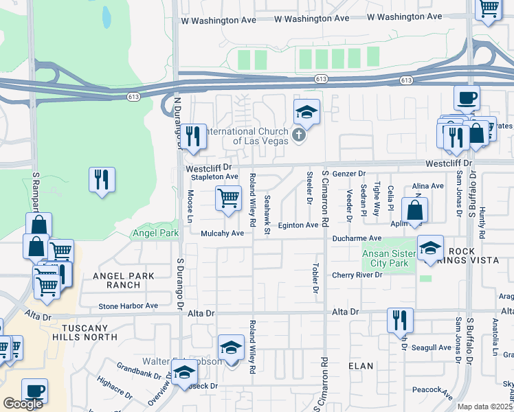 map of restaurants, bars, coffee shops, grocery stores, and more near 120 Roland Wiley Road in Las Vegas