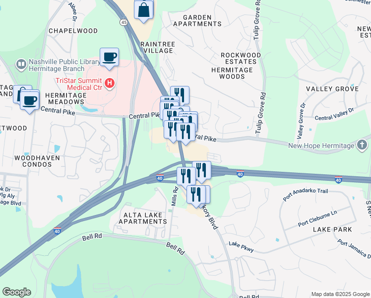 map of restaurants, bars, coffee shops, grocery stores, and more near 5760 Old Hickory Boulevard in Nashville