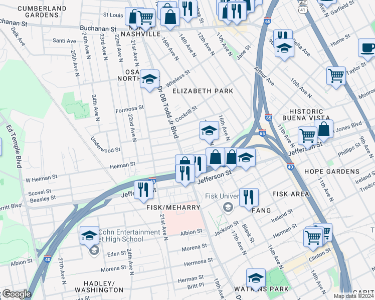 map of restaurants, bars, coffee shops, grocery stores, and more near 1726 Heiman Street in Nashville