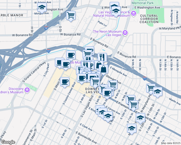map of restaurants, bars, coffee shops, grocery stores, and more near 206 North 3rd Street in Las Vegas