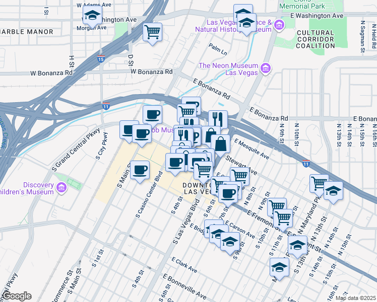 map of restaurants, bars, coffee shops, grocery stores, and more near 203 North 3rd Street in Las Vegas