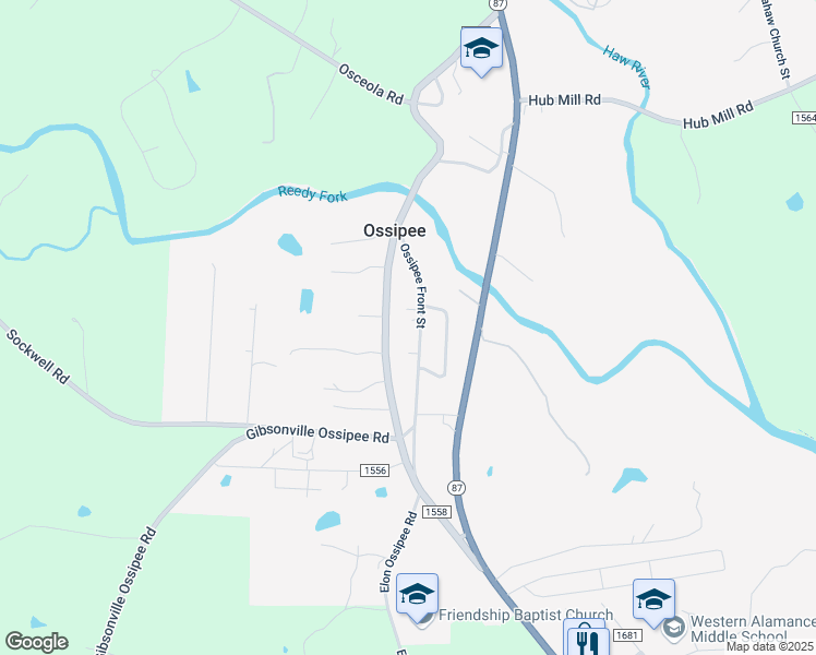 map of restaurants, bars, coffee shops, grocery stores, and more near 2554 Ossipee Front Street in Elon