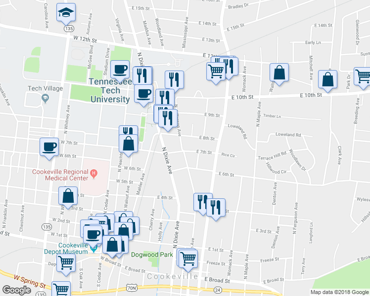 map of restaurants, bars, coffee shops, grocery stores, and more near 250 East 7th Street in Cookeville