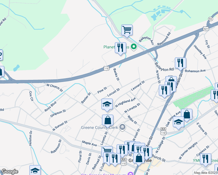map of restaurants, bars, coffee shops, grocery stores, and more near 330 Pine Street in Greeneville