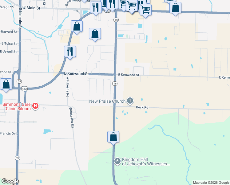 map of restaurants, bars, coffee shops, grocery stores, and more near 1070 Progress Avenue in Siloam Springs