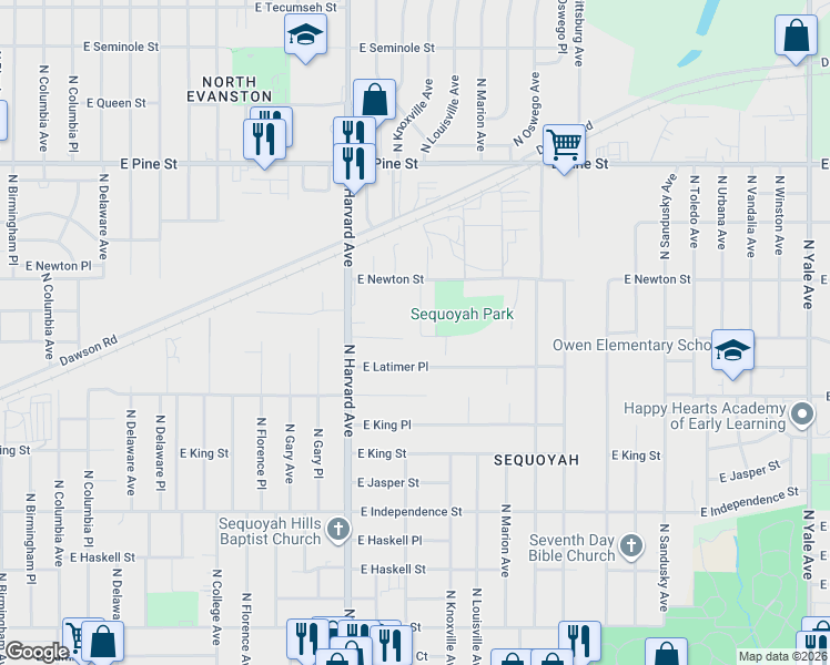map of restaurants, bars, coffee shops, grocery stores, and more near 1204 North Knoxville Avenue in Tulsa
