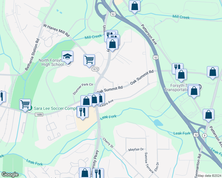 map of restaurants, bars, coffee shops, grocery stores, and more near 120 Oak Summit Road in Winston Salem