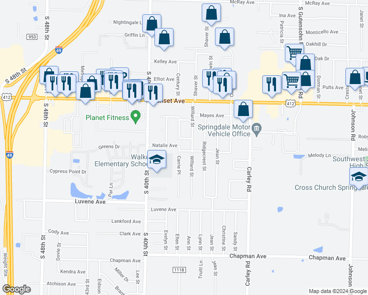 map of restaurants, bars, coffee shops, grocery stores, and more near 3700 Natalie Avenue in Springdale