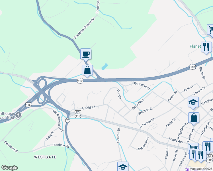 map of restaurants, bars, coffee shops, grocery stores, and more near 1535 West Andrew Johnson Highway in Greeneville