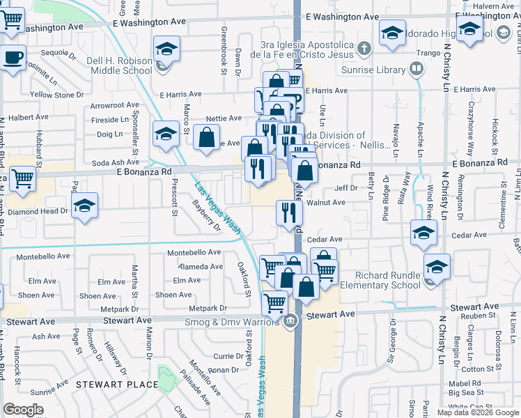 map of restaurants, bars, coffee shops, grocery stores, and more near 5001 East Bonanza in Las Vegas