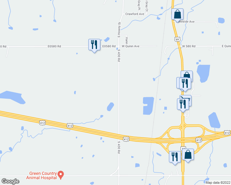 map of restaurants, bars, coffee shops, grocery stores, and more near 9356 South 430 Road in Chouteau