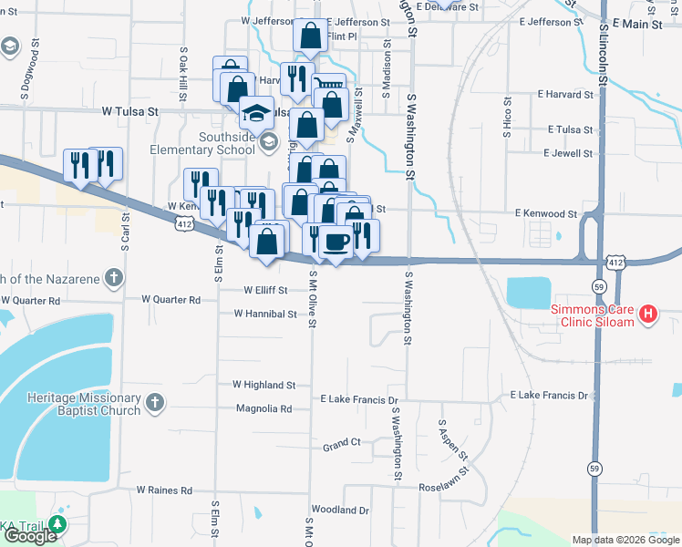 map of restaurants, bars, coffee shops, grocery stores, and more near 160 U.S. 412 in Siloam Springs