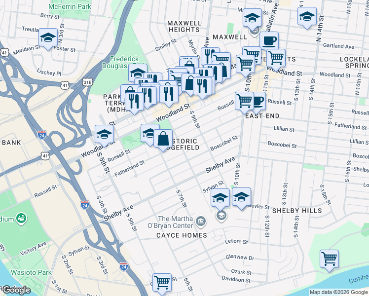 map of restaurants, bars, coffee shops, grocery stores, and more near 800 Fatherland Street in Nashville