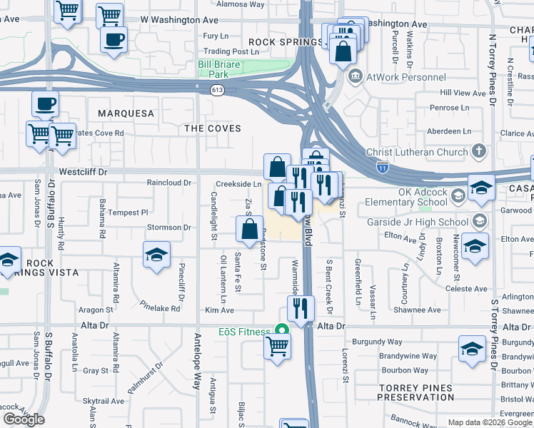 map of restaurants, bars, coffee shops, grocery stores, and more near 117 Redstone Street in Las Vegas