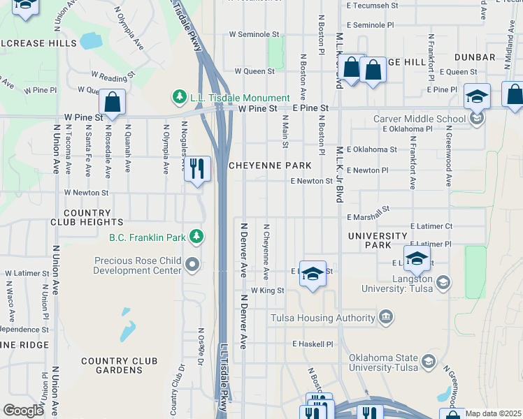map of restaurants, bars, coffee shops, grocery stores, and more near 1210 North Cheyenne Avenue in Tulsa