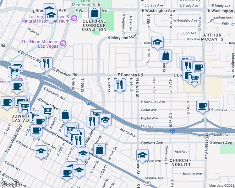 map of restaurants, bars, coffee shops, grocery stores, and more near 436 North 14th Street in Las Vegas