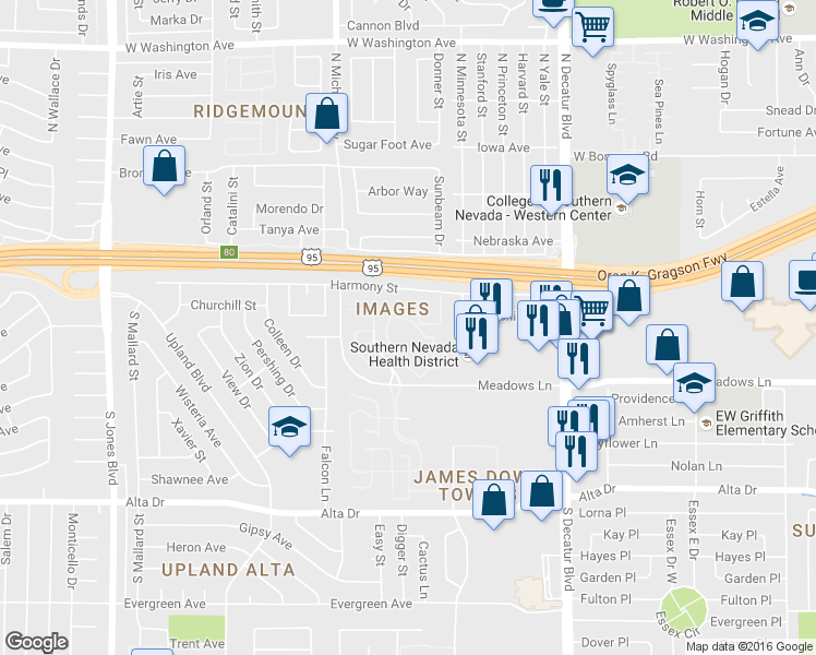 map of restaurants, bars, coffee shops, grocery stores, and more near 129 Countrywood in Las Vegas