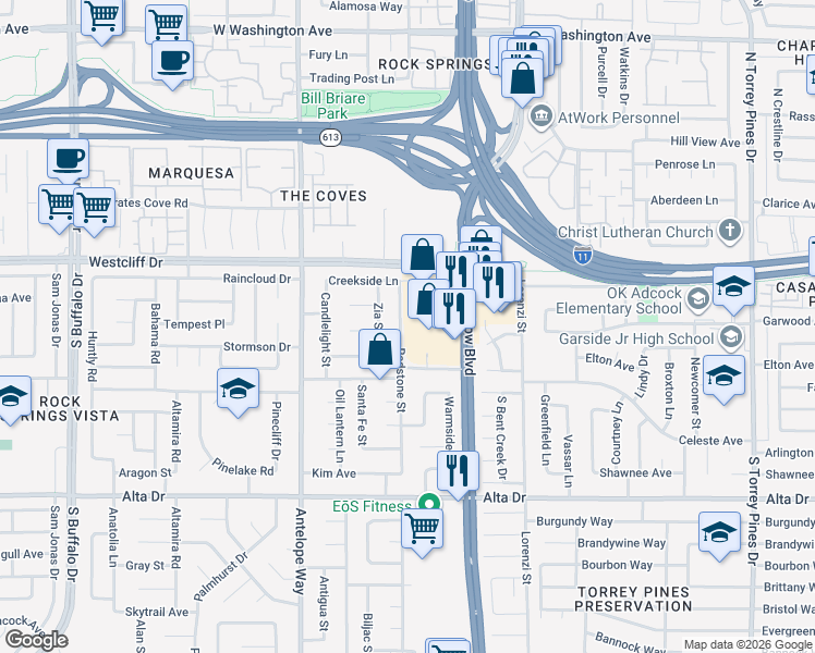map of restaurants, bars, coffee shops, grocery stores, and more near 117 Redstone Street in Las Vegas