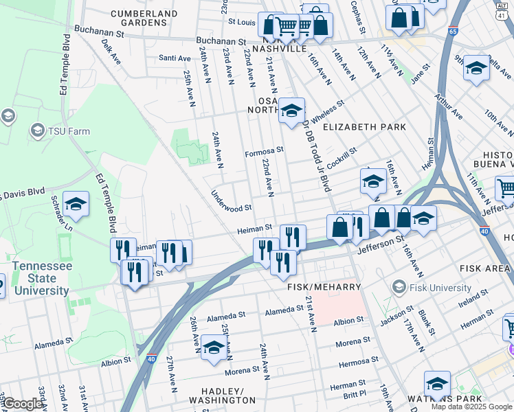 map of restaurants, bars, coffee shops, grocery stores, and more near 1500 23rd Avenue North in Nashville