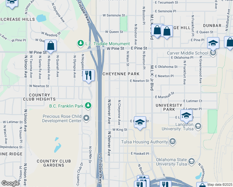 map of restaurants, bars, coffee shops, grocery stores, and more near 1228 North Cheyenne Avenue in Tulsa