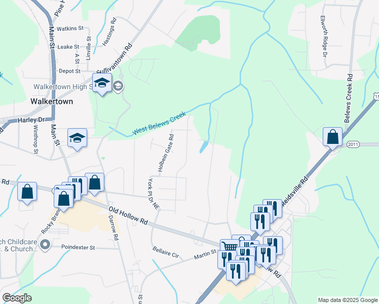 map of restaurants, bars, coffee shops, grocery stores, and more near 5358 Esher Drive in Walkertown