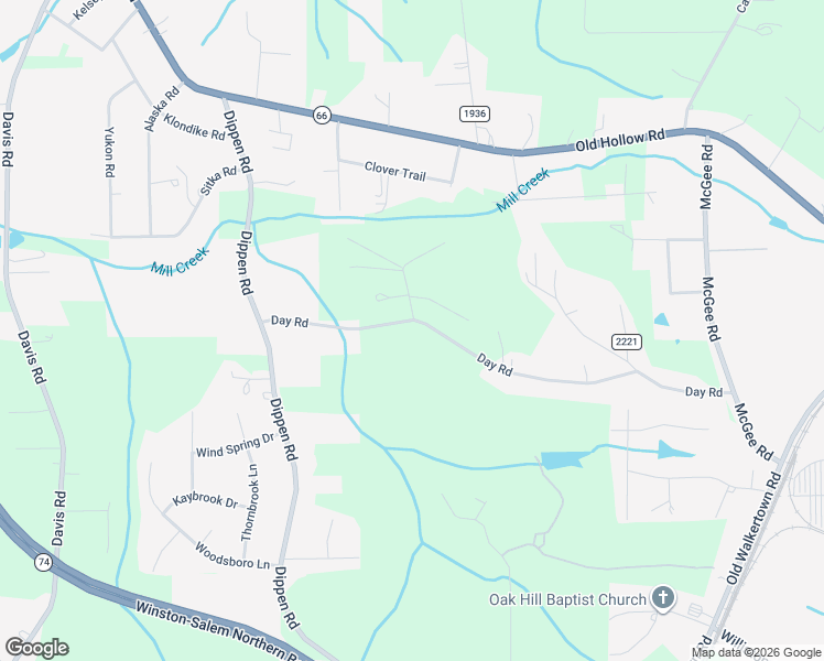 map of restaurants, bars, coffee shops, grocery stores, and more near 3521 Day Road in Walkertown