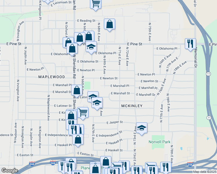 map of restaurants, bars, coffee shops, grocery stores, and more near 6912 East Marshall Place in Tulsa