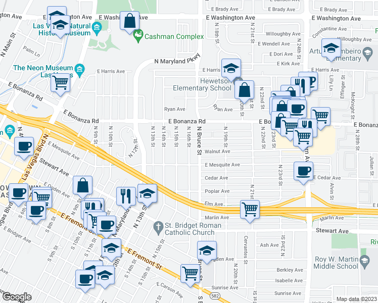 map of restaurants, bars, coffee shops, grocery stores, and more near North 16th Street in Las Vegas