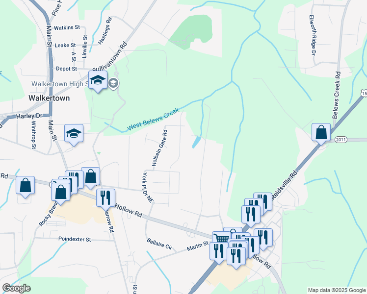 map of restaurants, bars, coffee shops, grocery stores, and more near 5358 Esher Drive in Walkertown