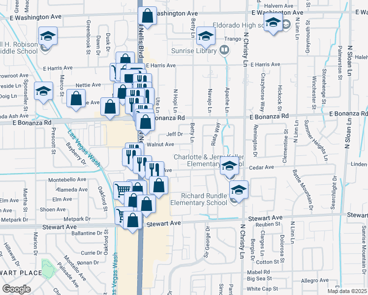 map of restaurants, bars, coffee shops, grocery stores, and more near 5270 Carriellen Lane in Las Vegas