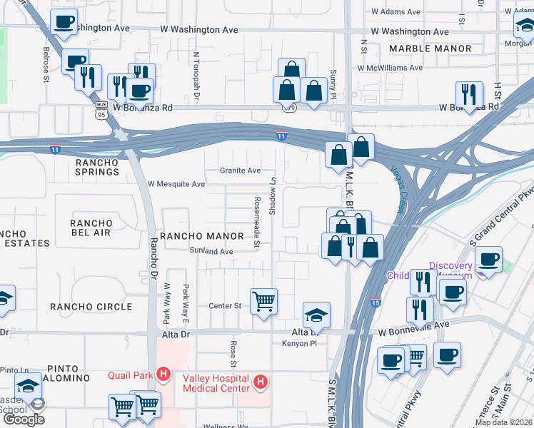 map of restaurants, bars, coffee shops, grocery stores, and more near 120 Shadow Lane in Las Vegas