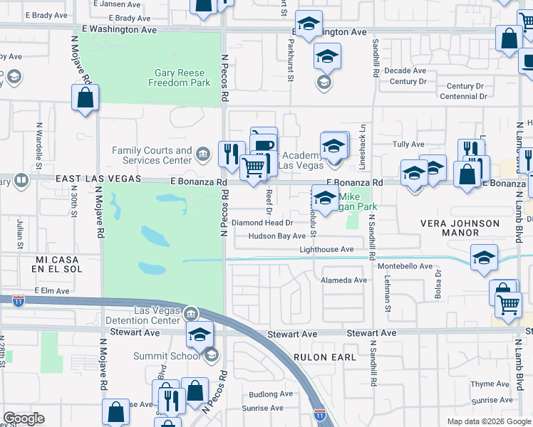map of restaurants, bars, coffee shops, grocery stores, and more near 3675 Asbury Hill Avenue in Las Vegas