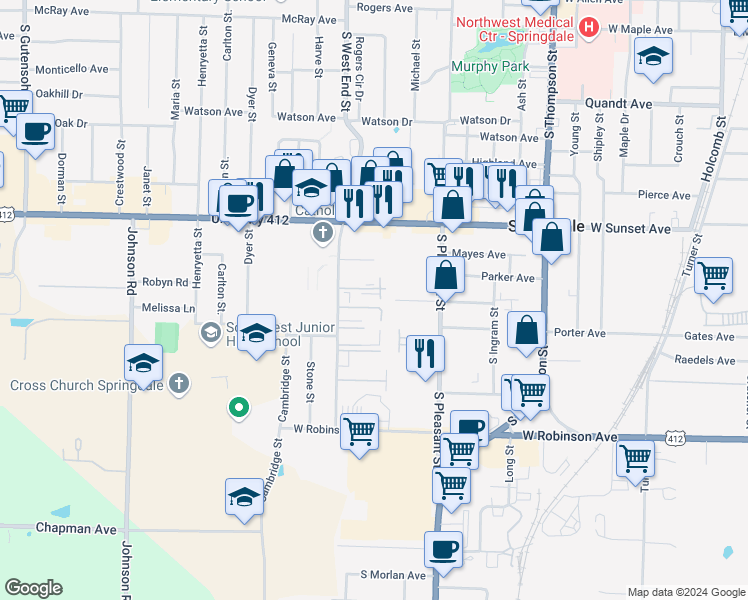 map of restaurants, bars, coffee shops, grocery stores, and more near 1503 Kirsten Drive in Springdale