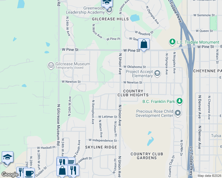 map of restaurants, bars, coffee shops, grocery stores, and more near 1720 West Newton Street in Tulsa