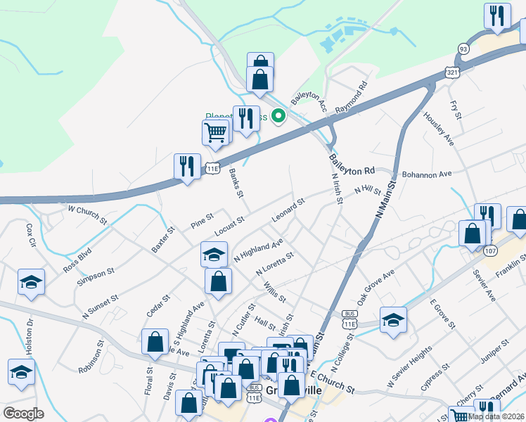map of restaurants, bars, coffee shops, grocery stores, and more near 419 Locust Street in Greeneville