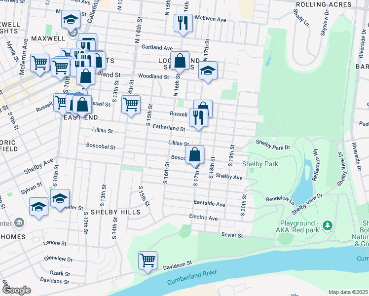 map of restaurants, bars, coffee shops, grocery stores, and more near 1605 Lillian Street in Nashville